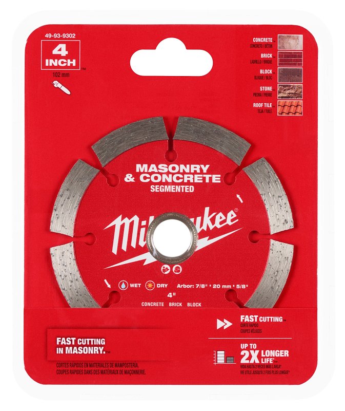 Milwaukee 49-93-9302 Saw Blade, 4 in Dia, 7/8 in-20 mm-5/8 in Arbor, Segmented Rim