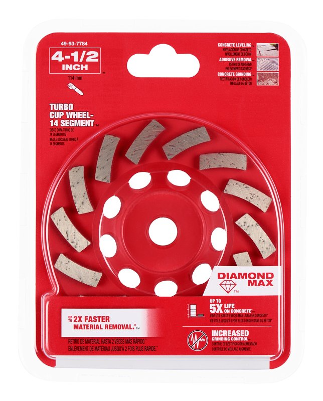 Milwaukee DIAMOND MAX 49-93-7784 Turbo Cup Wheel, 4-1/2 in Dia, 1 in Thick, 5/8-11 Arbor, Diamond Abrasive