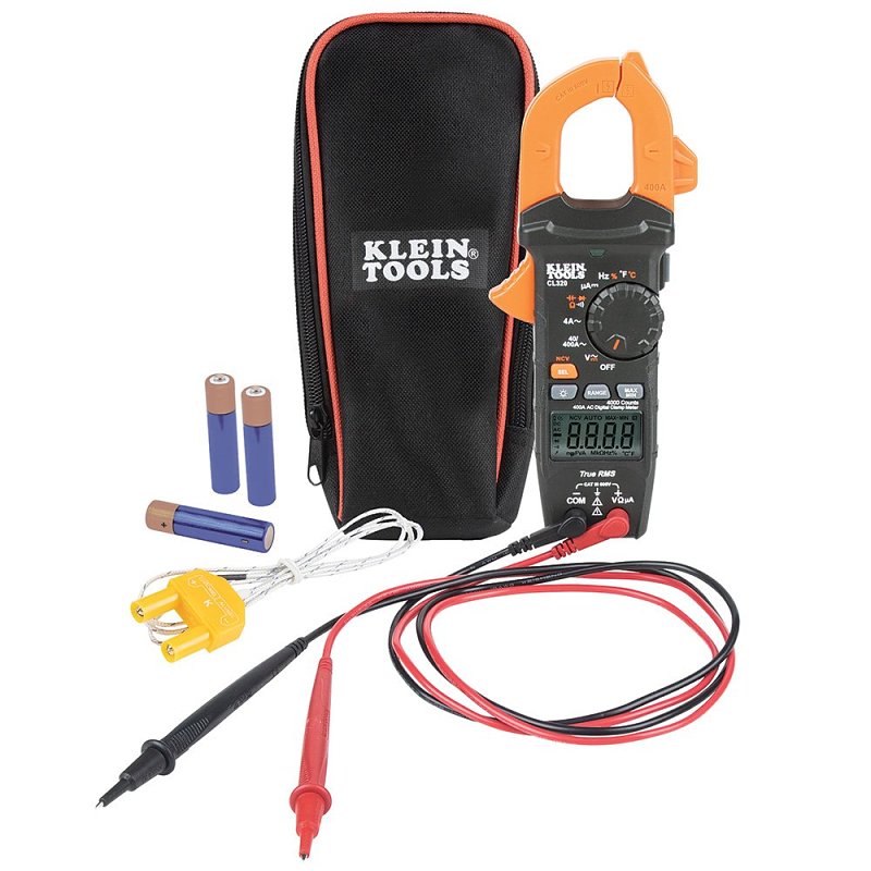 Klein Tools CL320 Clamp Meter, 40 mOhm, 600 VAC/VDC, Digital Display, Functions: AC Voltage, DC Voltage, Black/Orange