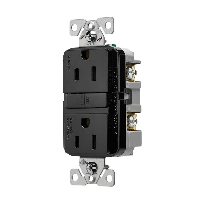 Eaton TRGF15BK Receptacle, 125 V, 15 A, NEMA: 5-15R, GFCI Socket, Back, Side Wiring, Black