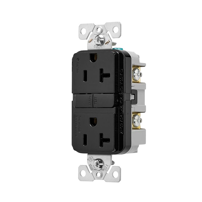 Eaton TRGF20BK Receptacle, 125 V, 20 A, NEMA: 5-20R, GFCI Socket, Back, Side Wiring, Black
