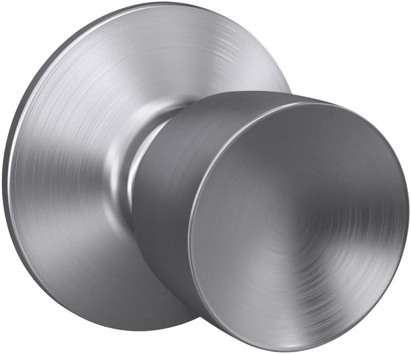Schlage F Series F10VBEL626 Passage Knob, Metal, Satin Chrome, 2-3/8, 2-3/4 in Backset, 1-3/8 to 1-3/4 in Thick Door