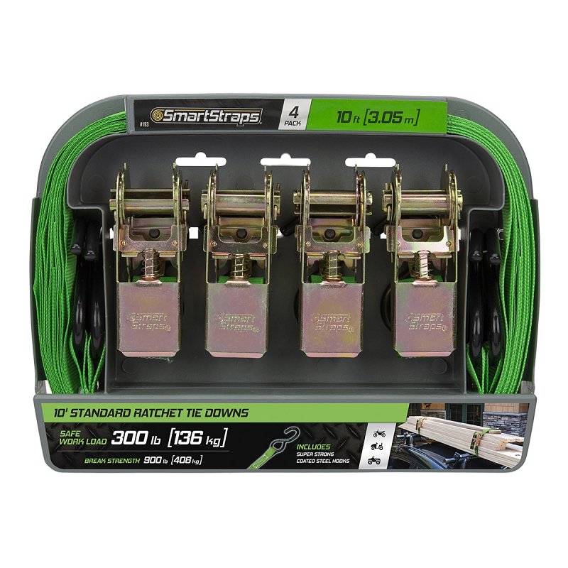 SmartStrap 153 Tie-Down, Ratchet, 1 in W, 10 ft L, Steel, Green, 300 lb, S-Hook End Fitting, Steel End Fitting
