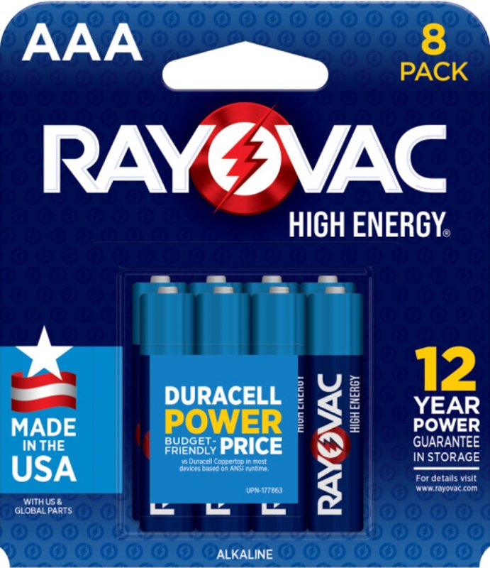 Rayovac High Energy 824-8T1 Battery, 1.5 V Battery, 1100 mAh, AAA Battery, Alkaline