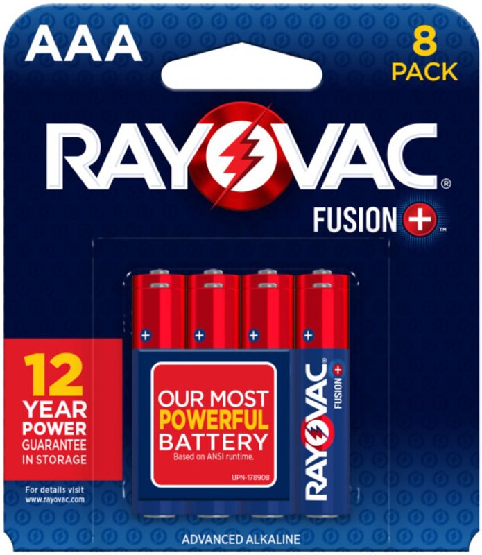 Rayovac Fusion 824-8TFUS1 Battery, AAA Battery, Alkaline, Blue/Red