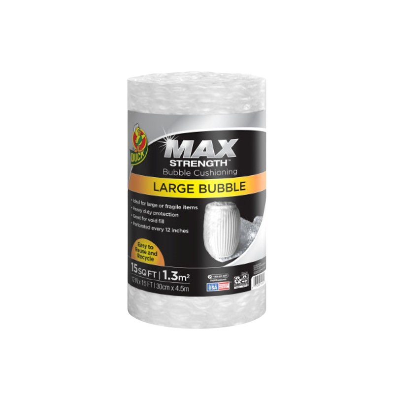 Duck 1304499 Protective Package Bubble Wrap, 15 ft L, 12 in W, Large Bubble