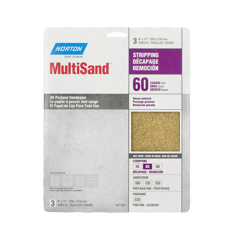 Norton MultiSand 07660747750 Sanding Sheet, Brown, 11 in L, 9 in W, Coarse, 60 Grit, Aluminum Oxide Abrasive