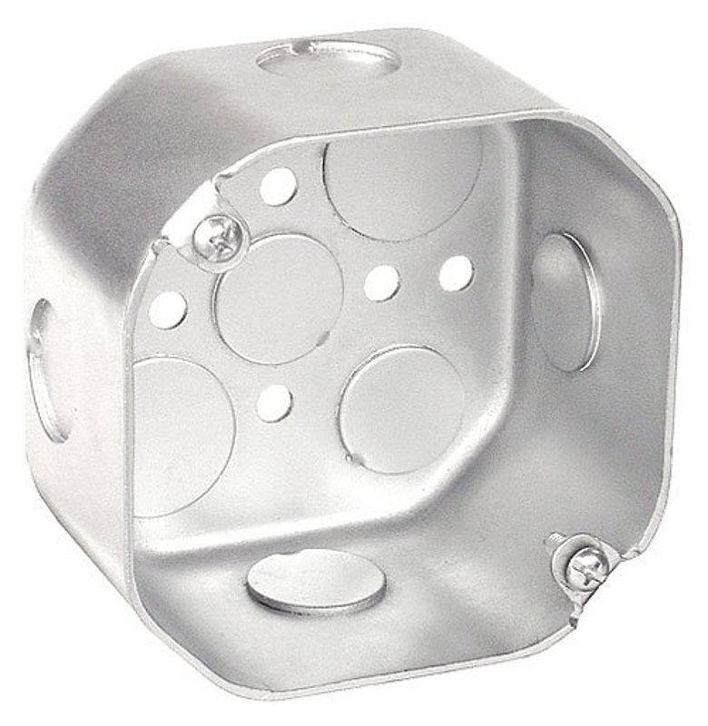 Southwire 54171-1/2-UPC Octagon Box, 4 in OAW, 2-1/8 in OAD, 7-Knockout, Steel Housing Material, Silver, Galvanized