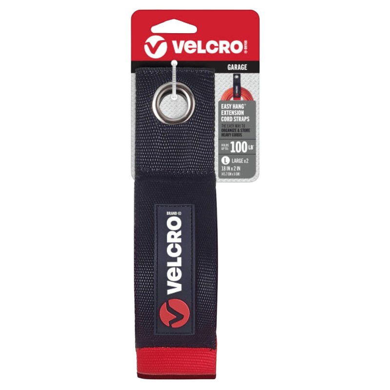 VELCRO Brand EASY HANG VEL-30749-USA Large-Size Heavy-Duty Extension Cord Strap, 2 in W, 18 in L, Nylon, Black, 100 lb