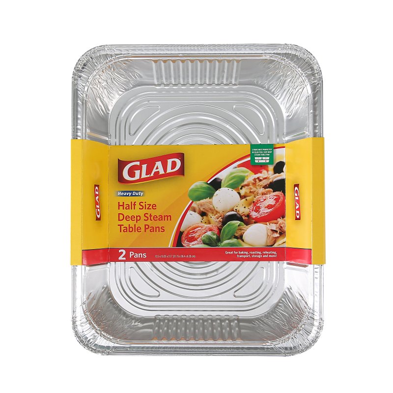 Glad BBP19935 Disposable Steam Pan, Aluminum, Silver, 12-1/2 in L, 10-1/4 in W, 2-1/2 in H, Dishwasher Safe: No