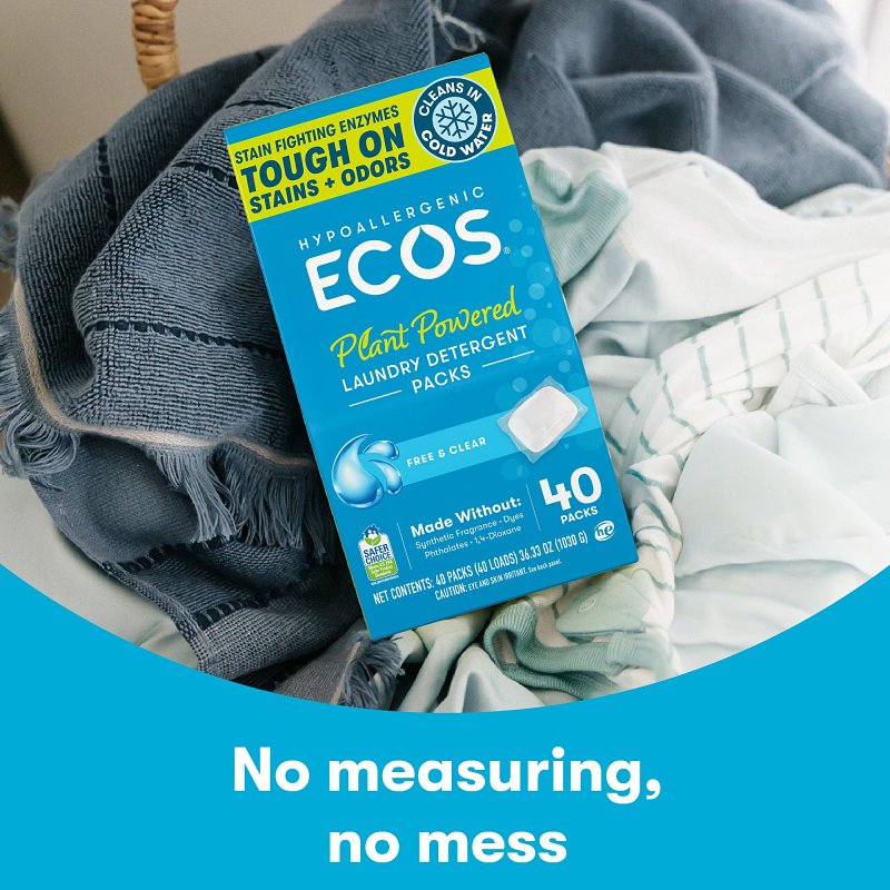 Ecos 9637/06 Laundry Detergent Pack, 40, Capsule, Free and Clear