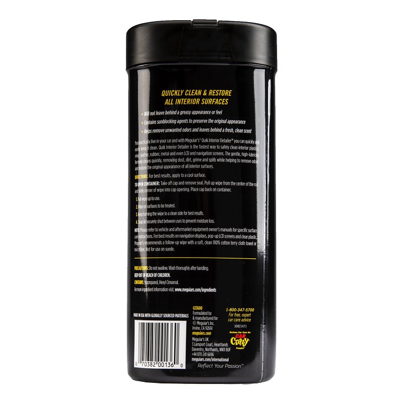 Meguiar's Quik Interior Detailer G13600 Cleaning Wipes, Slight Flowery Fragrance, 25-Wipes