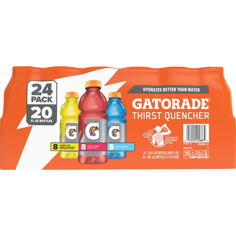 Gatorade 05886 Thirst Quencher Sports Drink, Liquid, Fruit Punch, Lemon Lime, Cool Blue Flavor, 20 oz Bottle