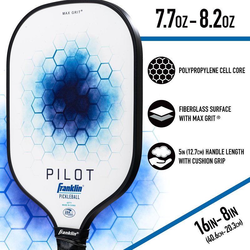 Franklin Sports Pilot Series 52771 Pickle Ball Paddle, Fiberglass/Polypropylene, Blue/White