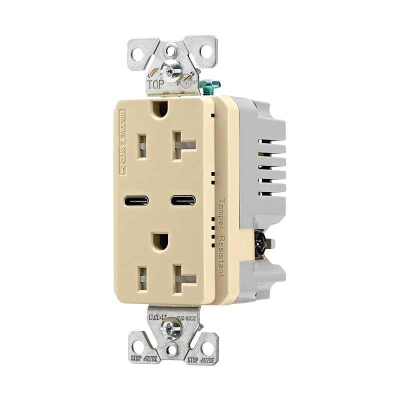 Eaton 20A 125V Dual USB Power Outlet with USB‑C, NEMA 5‑20R, Ivory Finish