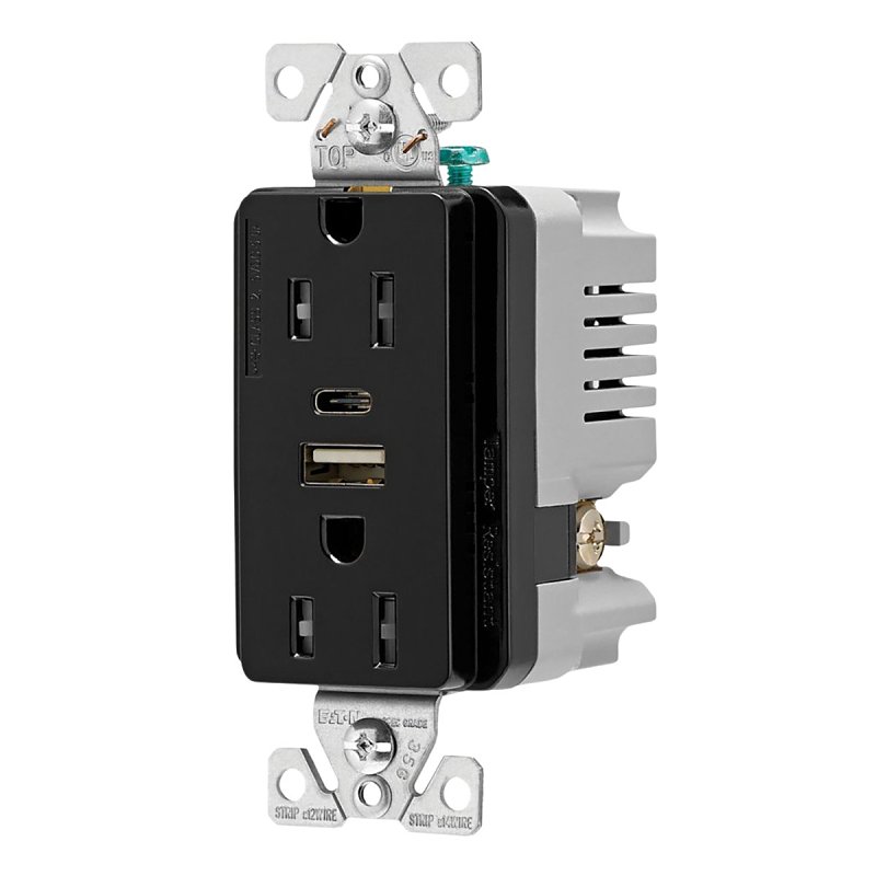 Eaton Dual‑USB 15A Black NEMA 5‑15R Combination Receptacle