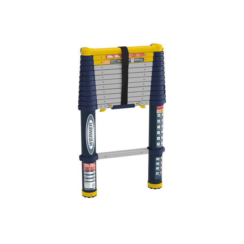 Werner TS1250 Telescoping Ladder, 300 lb, Aluminum, Blue/Yellow