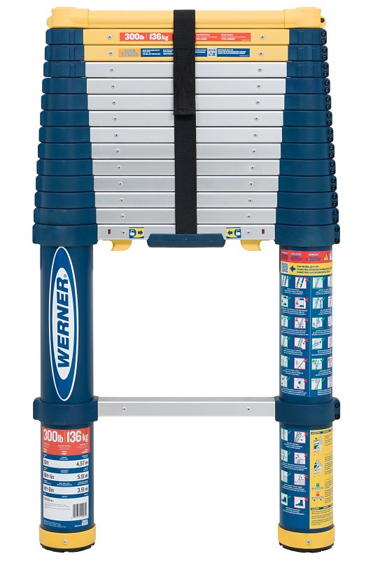 Werner TS1500 Telescoping Ladder, 18.6 ft H Reach, 300 lb, Aluminum, Blue/Yellow