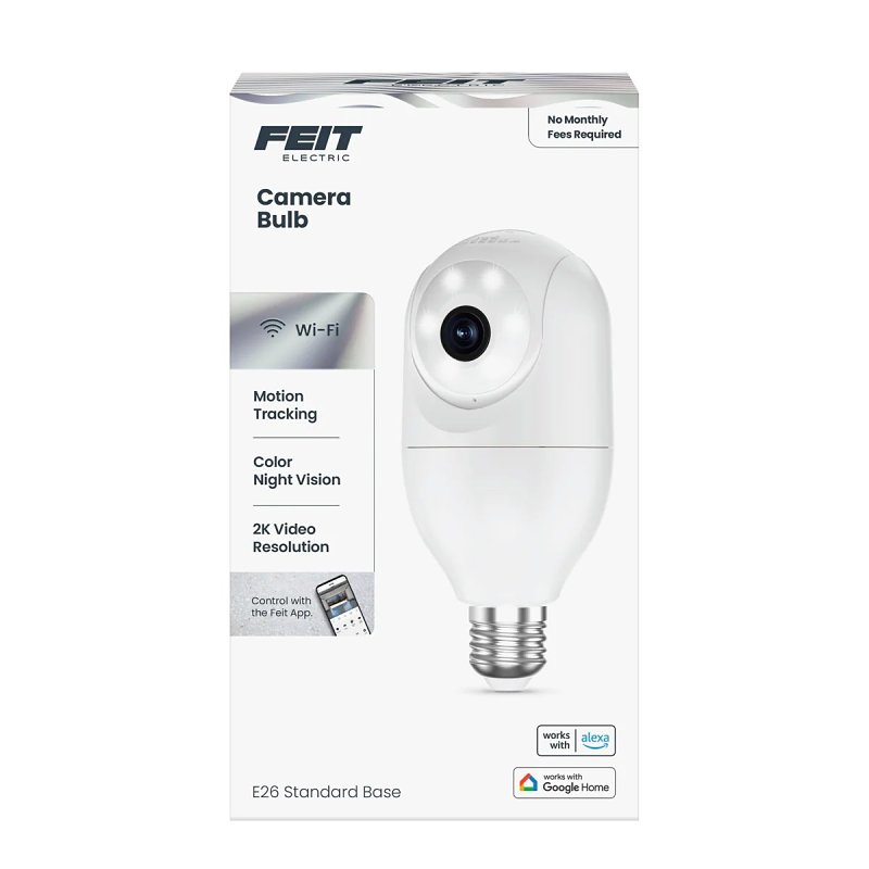 Feit Electric CAM/PAN/WIFI/E26/2K Smart Bulb Camera, 1080 pixel Resolution, Motion Image Sensor, Night Vision: 30 ft, 1 -Camera