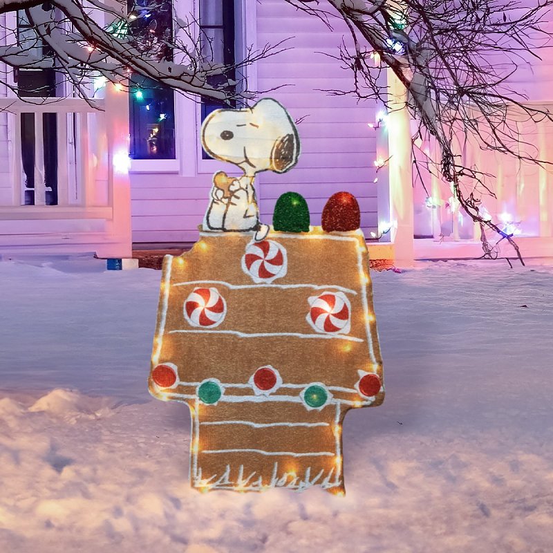 Productworks LLC 97314 Peanuts Snoopy and Gingerbread Doghouse Yard Decor, Fabric/Metal, Multi-Color, LED