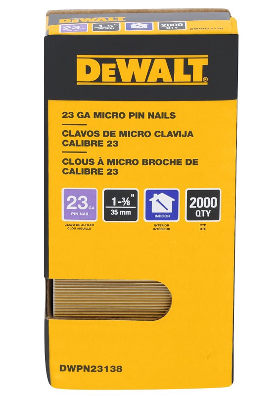 DEWALT DWPN23138 Pin Nail, 1-3/8 in L, 23 ga, Steel, Galvanized, Headless Head, Smooth Shank