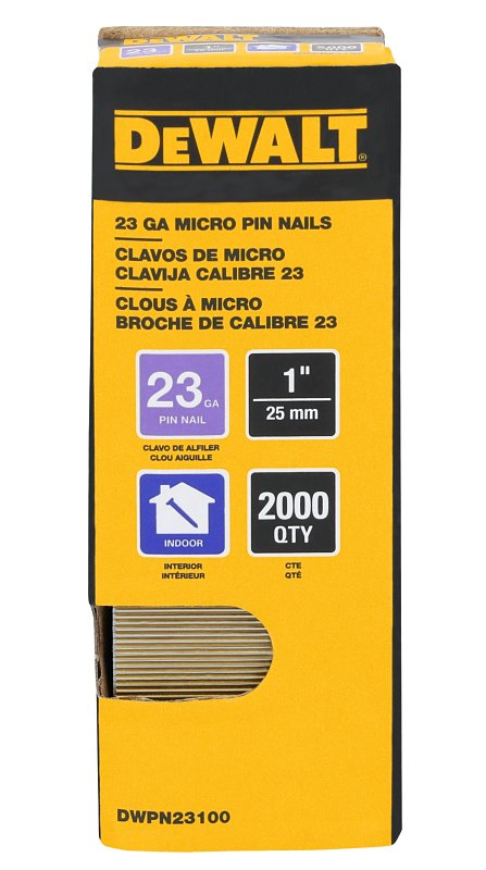 DEWALT DWPN23100 Pin Nail, 1 in L, 23 ga, Steel, Galvanized, Headless Head, Smooth Shank
