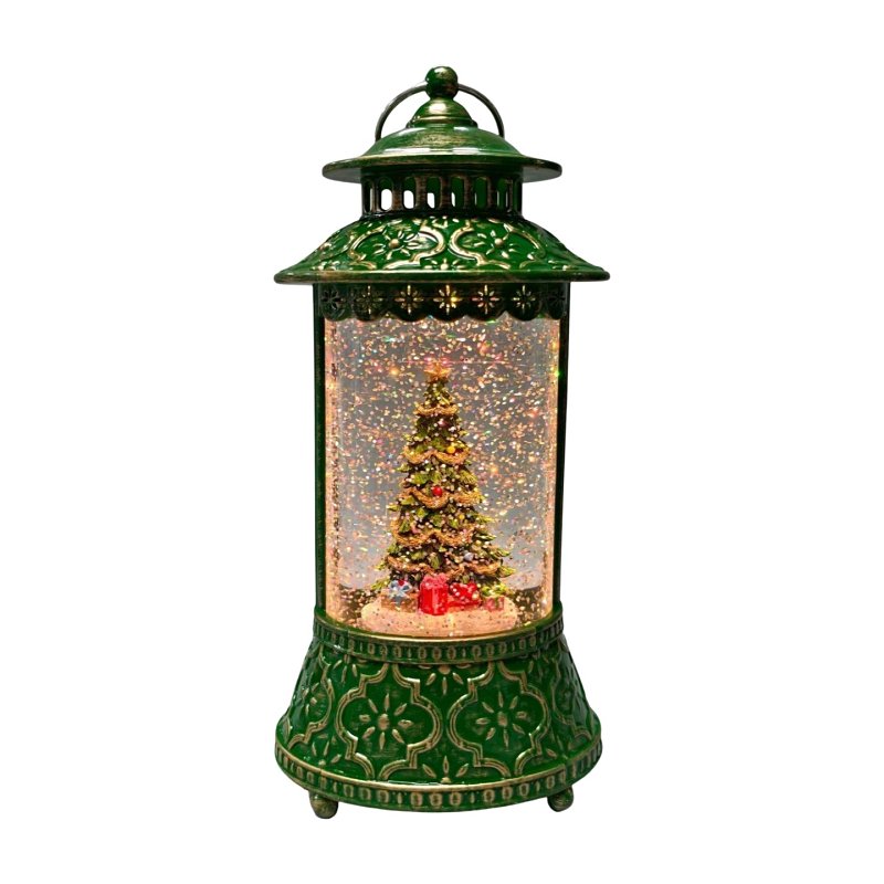Santas Forest 21030 Christmas Decor, 11 in H, Lantern with Tree Scene, Green