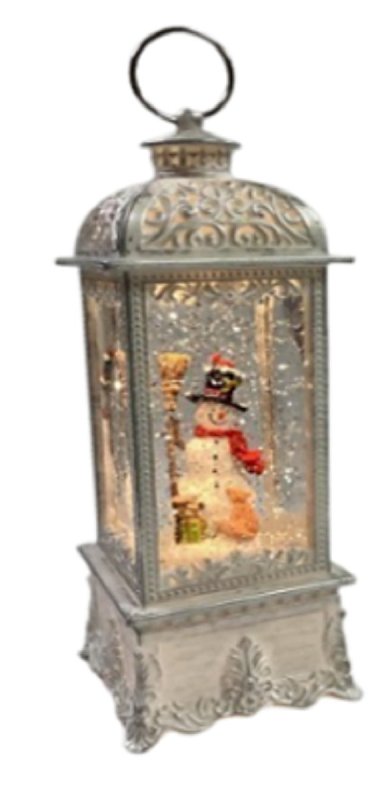 Santas Forest 21032 Christmas Decor, 11 in H, Lantern with Snowman Scene, White
