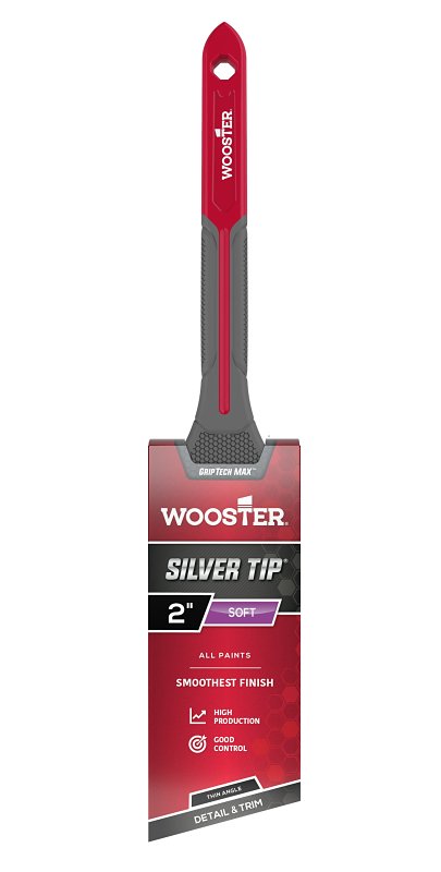 Wooster Silver Tip GRIPTECH MAX Series G5224-2 Paint Brush, 2 in W, Thin Angle Brush, 2-5/8 in L Bristle, Rattail Handle
