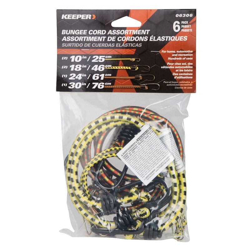 Keeper 06306 Bungee Cord, Steel End, Rubber, Hook End, 6/PK