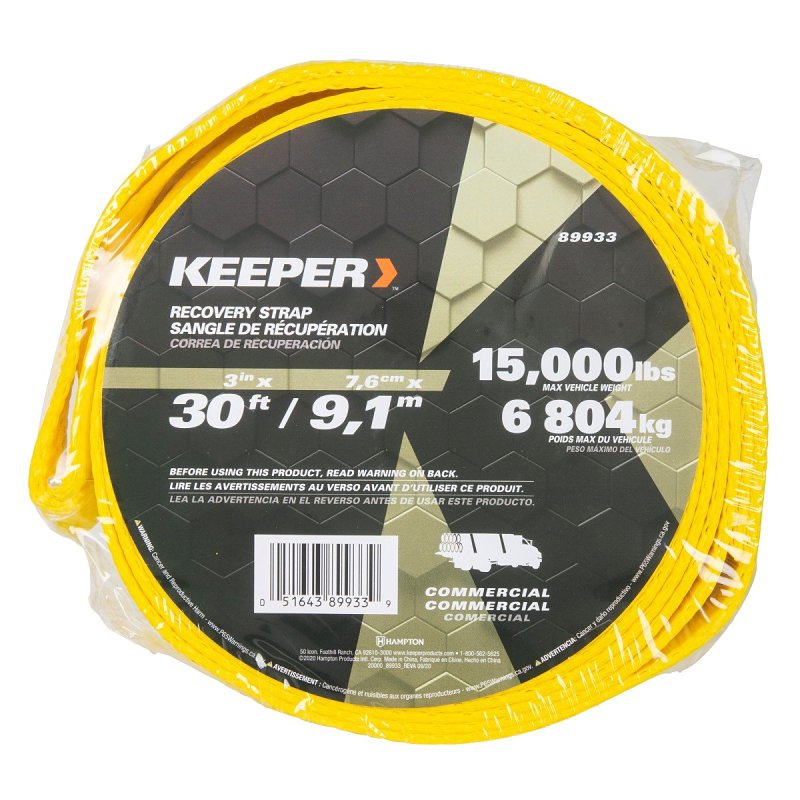 Keeper 89933 Recovery Strap, 30,000 lb, 3 in W, 30 ft L, Yellow