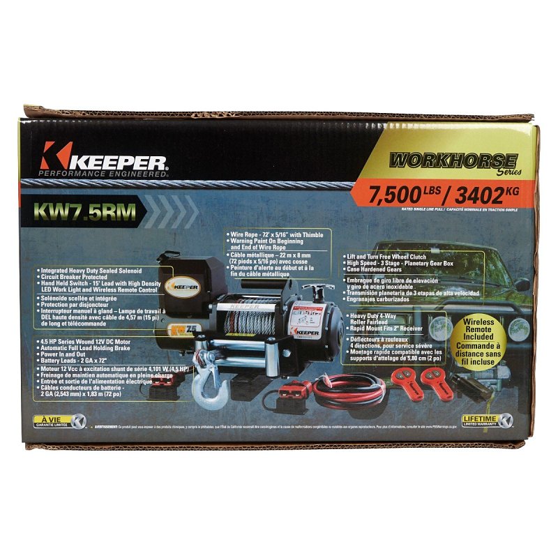 Keeper KW75122RM Winch, Electric, 12 VDC, 7500 lb