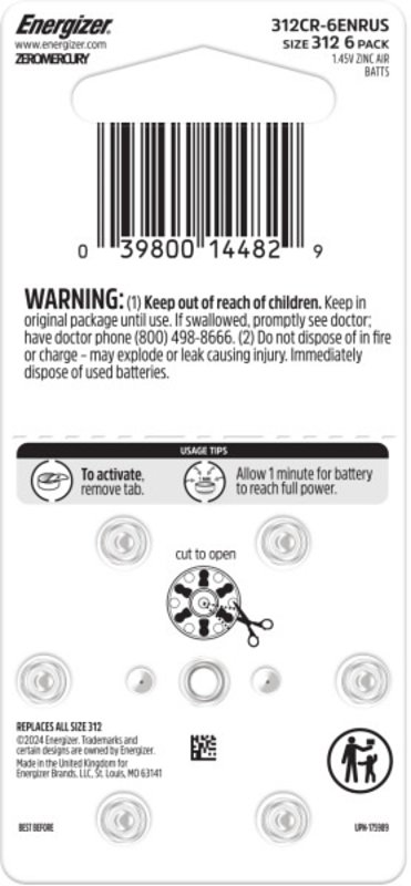 Energizer 312 AZ312DP-8 Hearing Aid Battery, 1.4 V Battery, 155 mAh, Zinc-Air