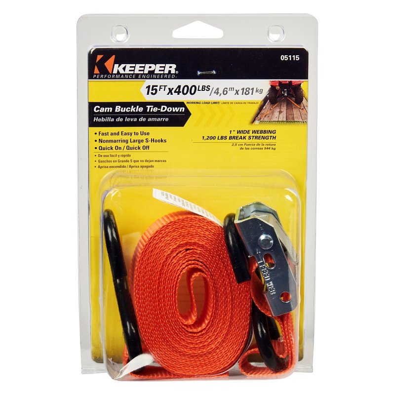 Keeper 05115 Tie-Down, 1 in W, 15 ft L, Nylon, Red, 400 lb, S-Hook End Fitting