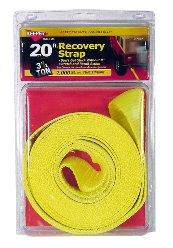 Keeper 02922 Recovery Strap, 15,000 lb, 2 in W, 20 ft L, Hook End, Nylon, Yellow