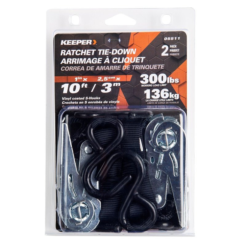 Keeper 05511 Tie-Down, 1 in W, 10 ft L, Polyester, Red, 300 lb, S-Hook End Fitting