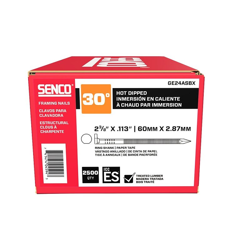 Senco GE24ASBX Collated Nail, 2-3/8 in L, Steel, Galvanized, Clipped Head, Ring Shank