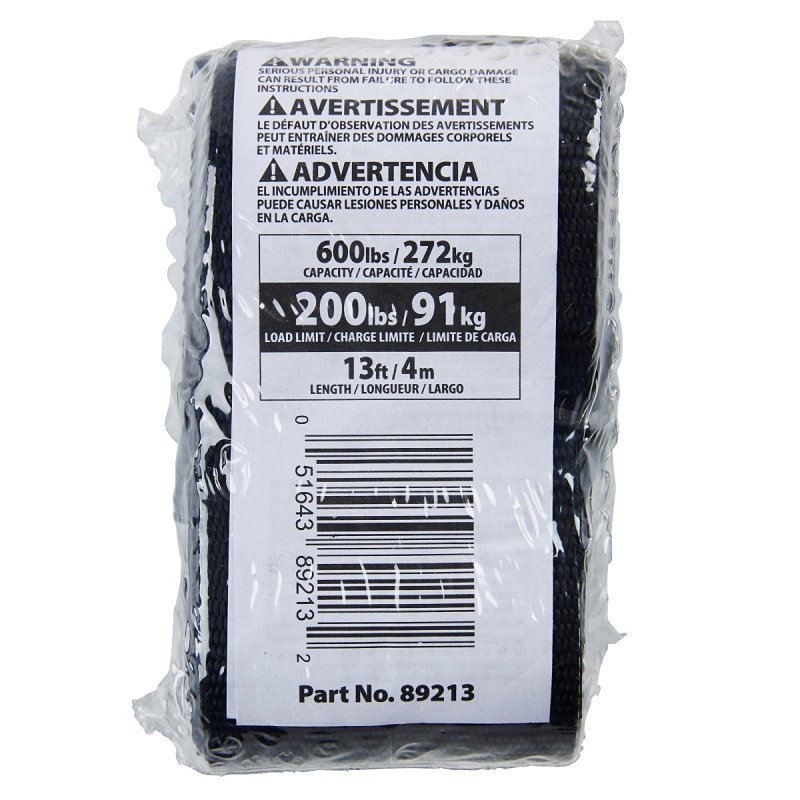 Keeper 89213 Lashing Strap, 1 in W, 13 ft L, Black, 200 lb, Cam Buckle End Fitting, Zinc End Fitting
