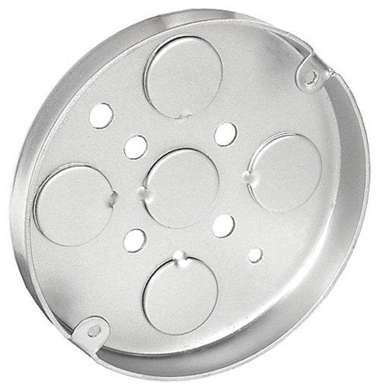 Southwire 56111-UPC Flat Bottom Ceiling Pan Box, 4 in W, 1/2 in D, 2-Knockout, Steel, Silver, Galvanized