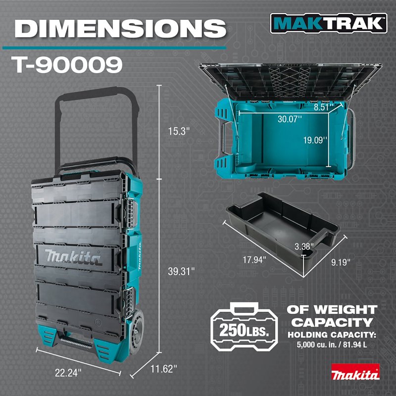 Makita T-90009 Rolling Tool Chest, 250 lb, 19.09 in OAW, 8.51 in OAH, 30.07 in OAD, Copolymer/Plastic/Resin, Teal