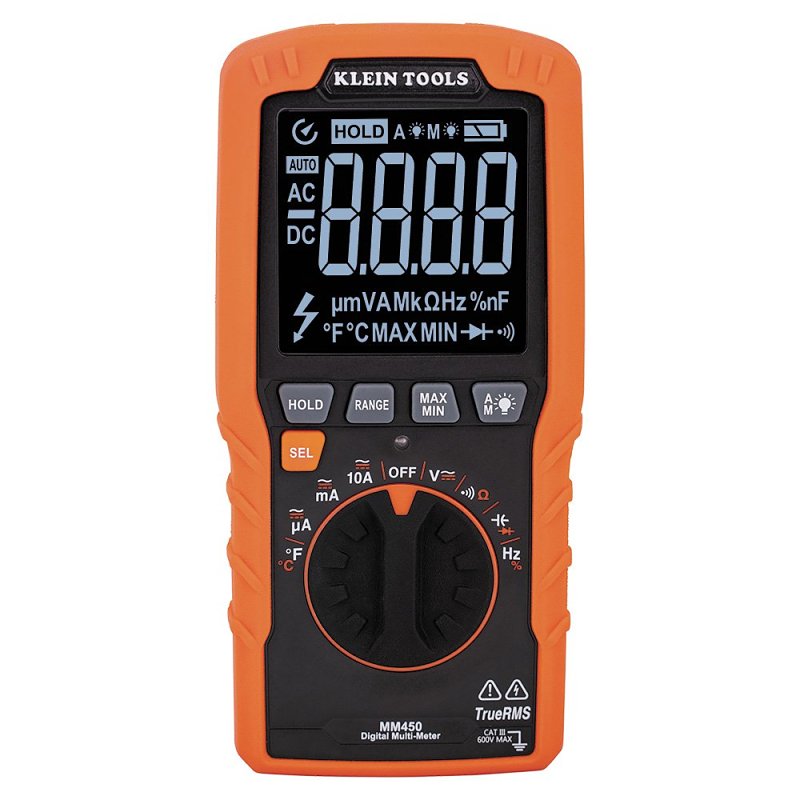 Klein Tools MM450 Digital Multimeter, 600 VAC/VDC, 10 A, 400 uF, 1 to 50 kHz, LCD Display, Black/Orange