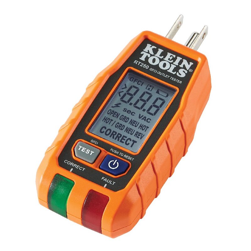 Klein Tools RT250 GFCI Receptacle Tester, 135 VAC, LCD Display, Functions: Voltage
