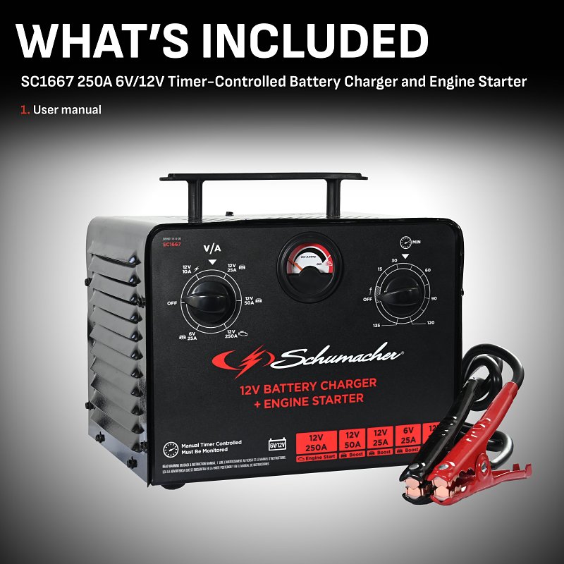 Schumacher SC1667 Timer Controlled Battery Charger and Jump Starter, 6/12 V, 250 A