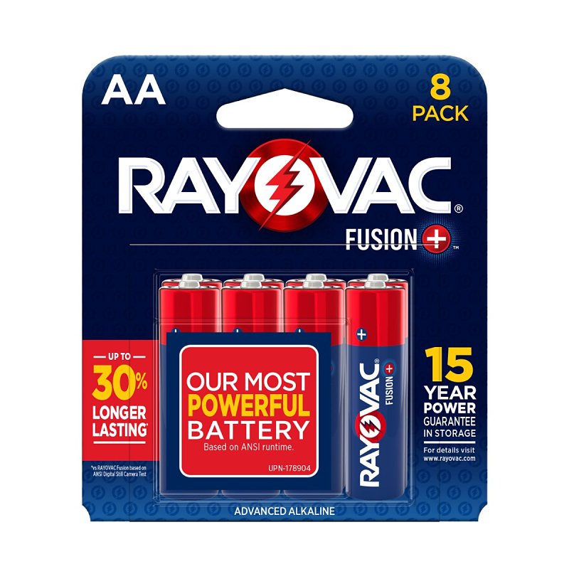 Rayovac FUSION 815-8TFUSJ Battery, 1.5 V Battery, AA Battery, Alkaline, Black/Red/White