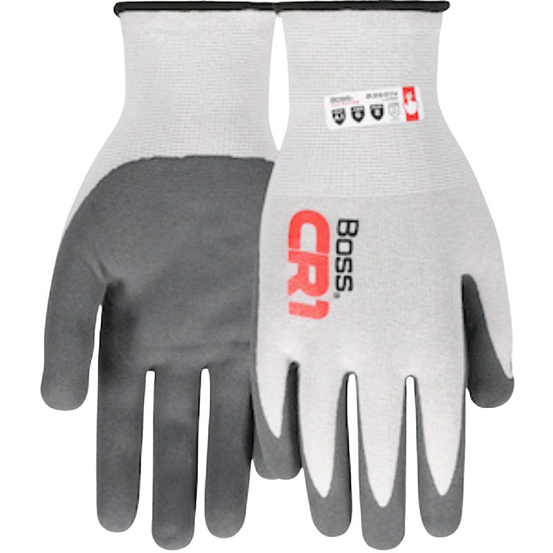 Boss CR1 B35014-XL Cut-Resistant Gloves, XL, Elastic Cuff, Nitrile Coating, Nylon/Spandex, Gray