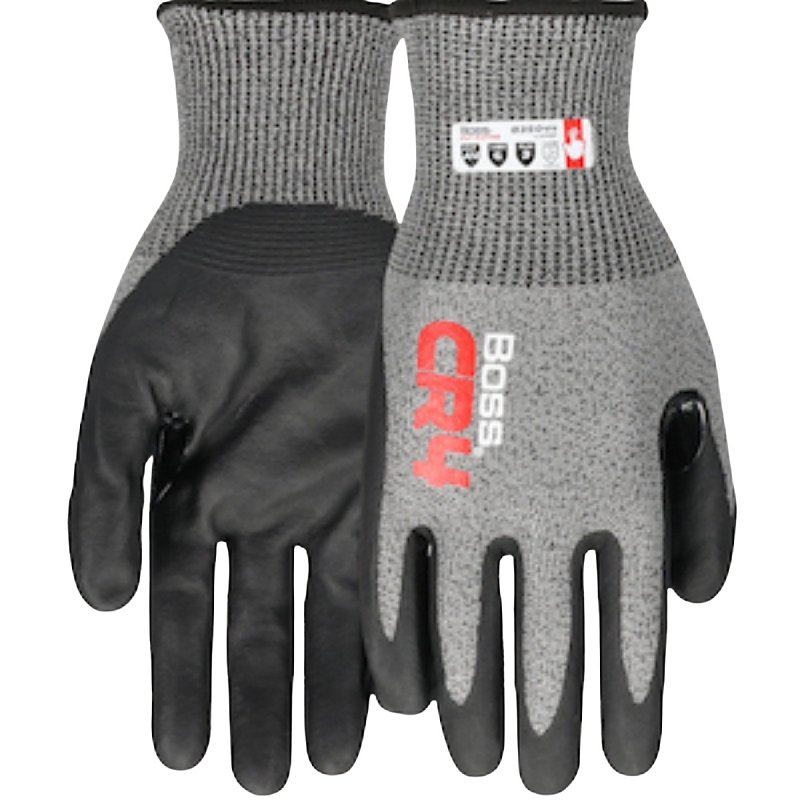 Boss CR4 B35044-L Cut-Resistant Gloves, L, Reinforced Thumb, Elastic Cuff, Nitrile Coating, Nylon, Black