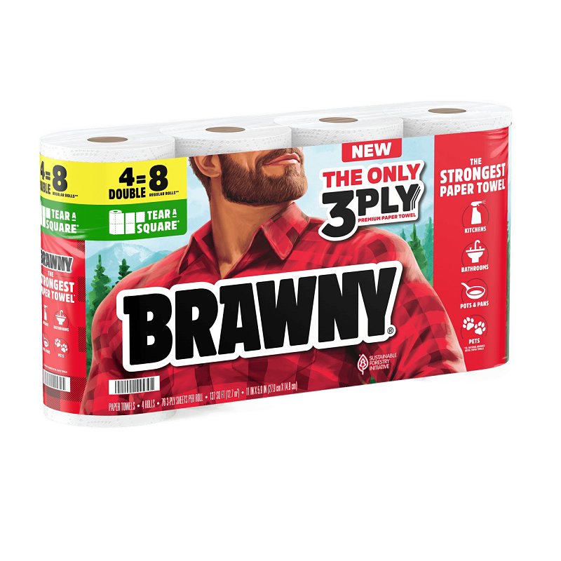 Brawny Tear-A-Square 44579 Paper Towel Roll, 3-Ply