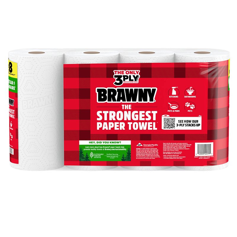 Brawny Tear-A-Square 44579 Paper Towel Roll, 3-Ply