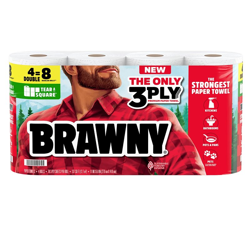 Brawny Tear-A-Square 44579 Paper Towel Roll, 3-Ply