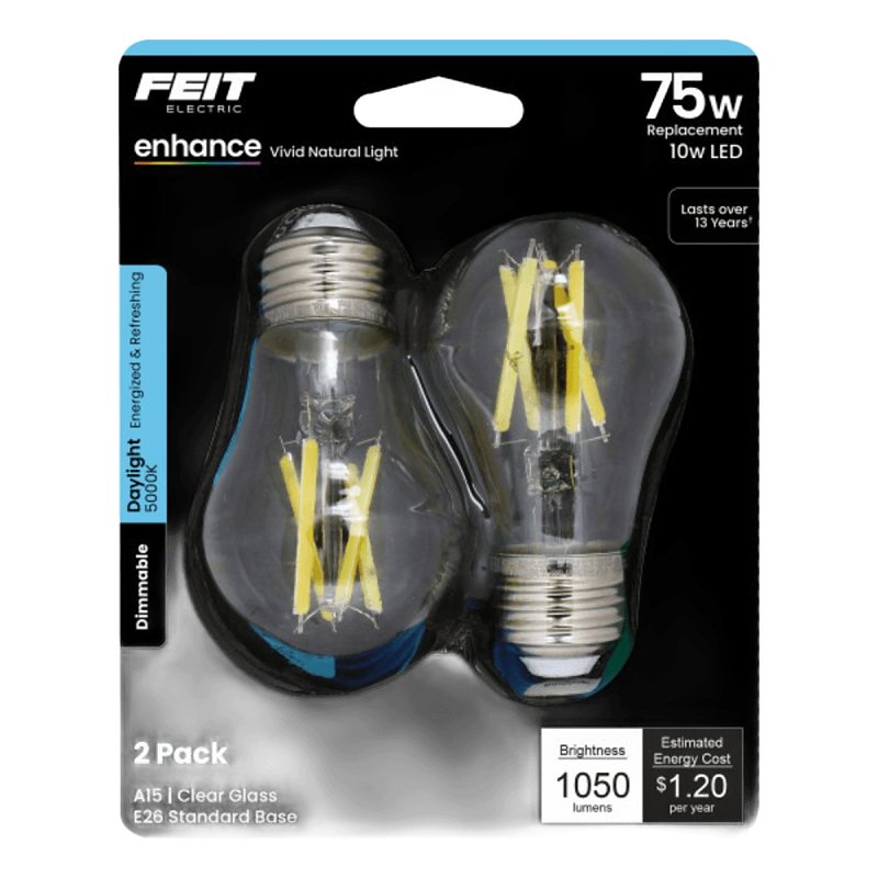 Feit Electric BPA1575950CAFIL/2/RP Filament LED Bulb, A15 Lamp, 75 W Equivalent, E26 Medium Lamp Base, Dimmable, Clear